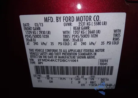 2013 Ford Edge Limited z USA, uszkodzony, nr VIN 2FMDK4KC7DBC11061